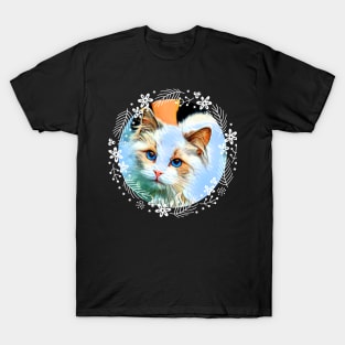 Blue-Eyed Cat in Round White Flower Wreath T-Shirt